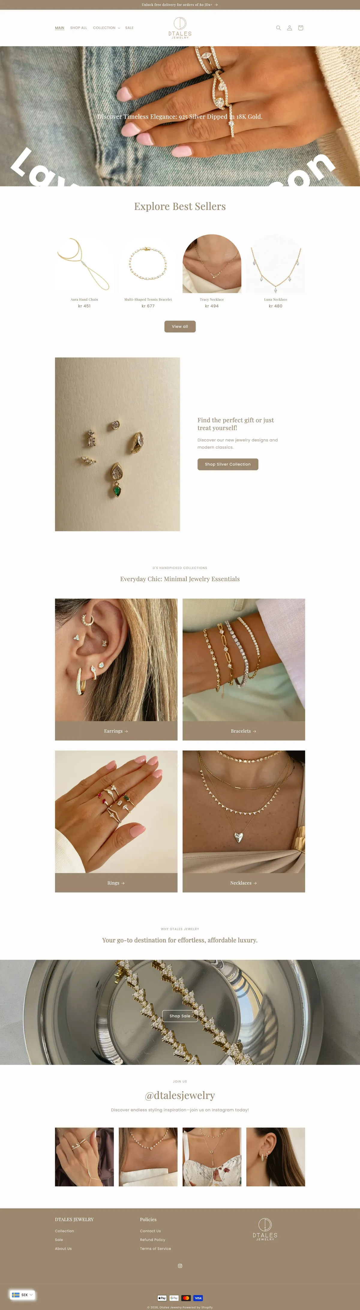 Dtales Jewelry Shopify store homepage with multi-currency pricing
