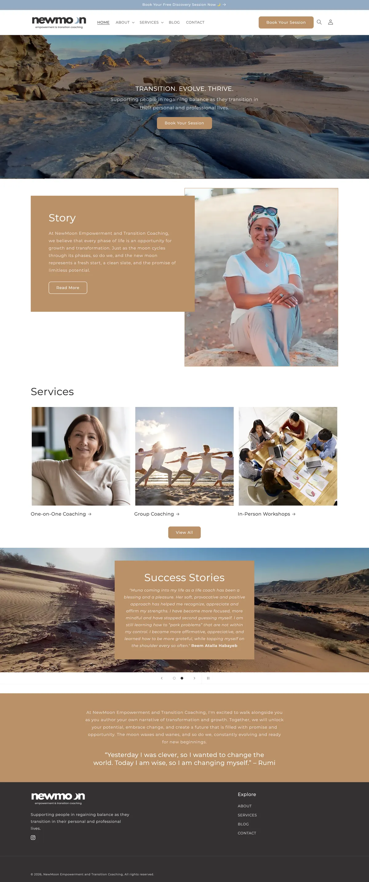 NewMoon Empowerment coaching website homepage with online appointment booking